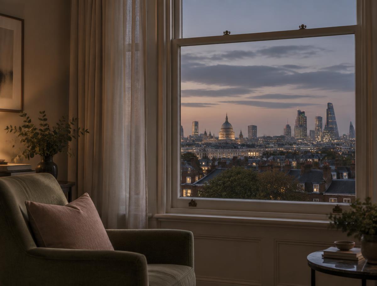 A quiet window looking out over London at dusk, suggesting reflection in existential therapy