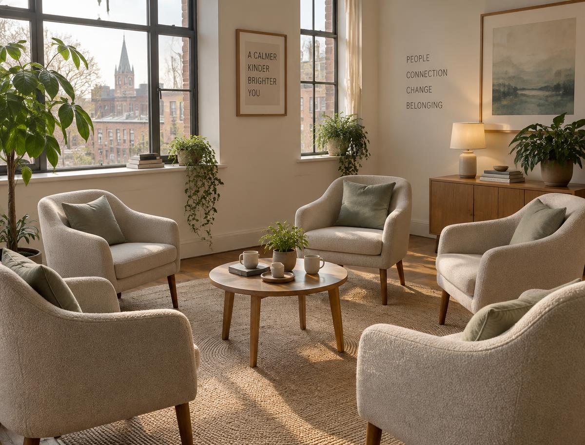 A bright, welcoming room set with a circle of chairs for a women's group in King's Cross, London