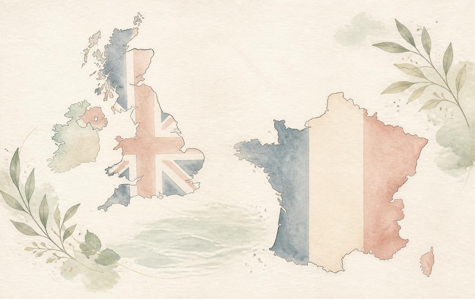 Watercolour illustration of the United Kingdom and France side by side, representing therapy offered in English and French in London